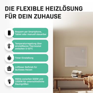 Електричний конвекторний обігрівач VONROC - 1000W, для кімнат до 24м², настінний/підлоговий монтаж, ручне/APP керування, білий