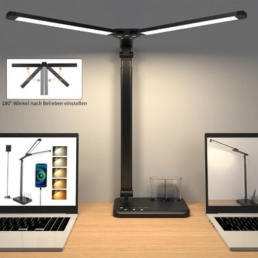 iVict LED лампа настільна з двома головками, регульована висота, диммер, USB-порт, 5 режимів, для дітей, сенсорне керування, нічник, для читання, рукоділля, роботи