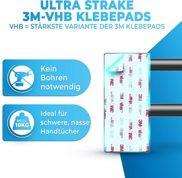 Тримач для рушників без свердління, чорний, 80 см, нержавіюча сталь, подвійний, самоклеючий, з 2 гачками, для ванної кімнати, душової кабіни, кухні