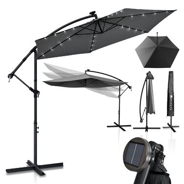 Сонцезахисна парасолька Juskys Brazil 350 см з LED-освітленням, сонячною панеллю та ручним приводом, сіра, водовідштовхуюча з UV-захистом