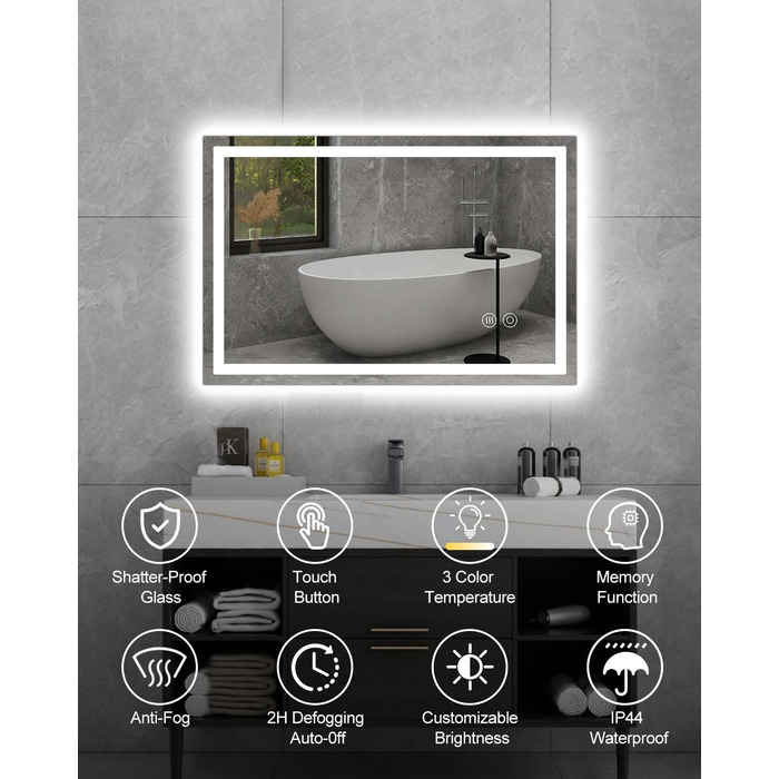 Дзеркало для ванної кімнати Habison з підсвічуванням LED, 50x70 см, сенсорне керування, регулювання яскравості, 3 колірні температури, функція пам'яті, антизапар, без Bluetooth