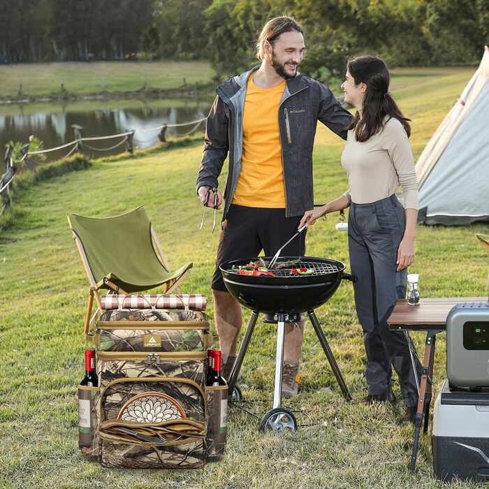 Рюкзак-холодильник Laripwit 54 банки: ізольований рюкзак-термос з двома відсіками та відділенням для холоду. Ідеальний для пікніків, подорожей, кемпінгу, пляжу. Об'єм 33л, камуфляж, еластична шнурка.