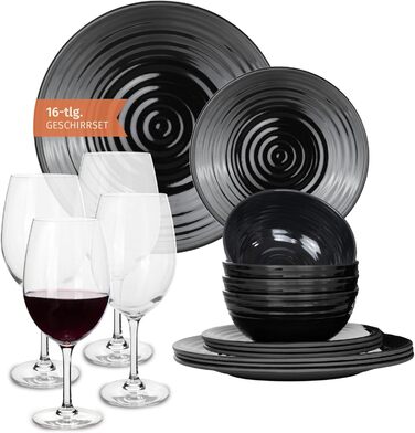 Набір посуду для кемпінгу Melamin Stone на 4 особи (16 предметів): тарілки, чашки, келихи