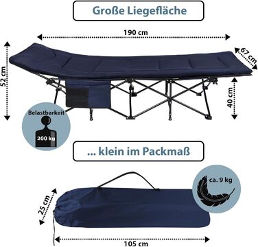 Розкладне кемпінгове ліжко ALPIDEX до 200 кг з м'яким матрацом та бічною кишенєю, синій