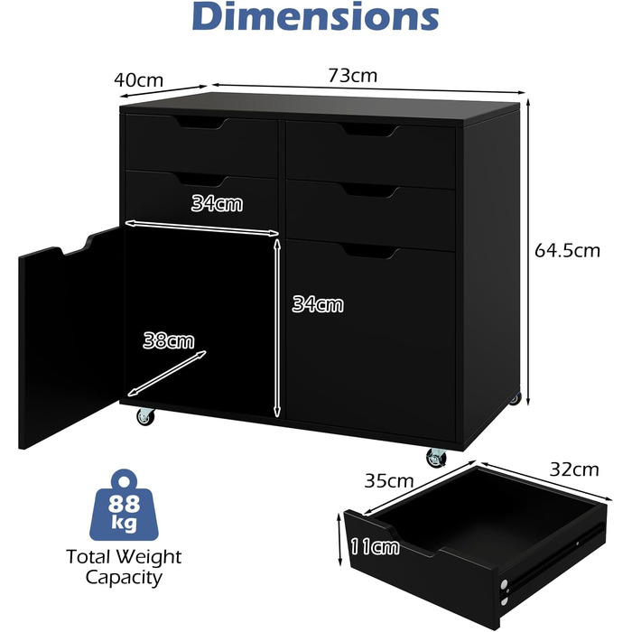 Шафа для документів Komfotteu з 5 колесами, контейнер на коліщатах з 4 шухлядами та 2 дверцятами, дерев'яний офісний контейнер, шафа для документів, візок для офісу, стіл для принтера для офісу, вітальні (Білий) (Чорний)