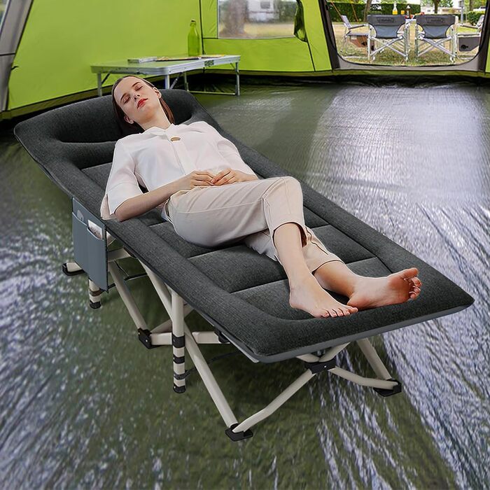 Розкладне кемпінгове ліжко CALIYO з матрацом, 200x80x40 см, витримує до 200 кг, сталевий каркас та тканина Оксфорд, чорне, з сумкою для зберігання