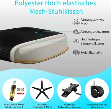 Ергономічне крісло для офісу, комп'ютерне крісло з регульованою 4D поперековою підтримкою, поворотне крісло з відкидними підлокітниками, крісло з функцією нахилу 90°-125°, сітчасте крісло до 130 кг, чорне