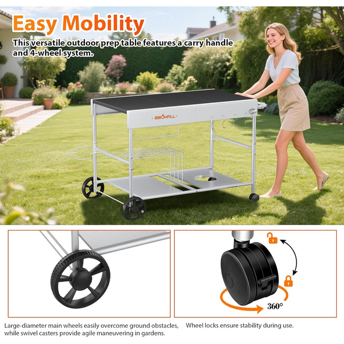 Підставка для грилю та піци GFTIME для Koda/Karu/Fyra, Ninja Woodfire, Blackstone, Weber Q. Роликовий кухонний візок, 128x64x78 см