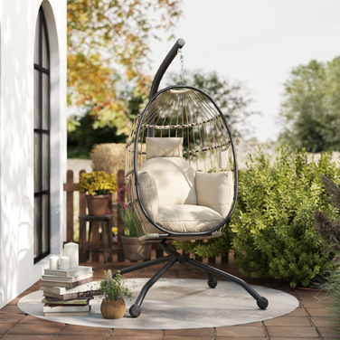 Підвісне вуличне крісло-гойдалка з розкладним плетінням, товстими подушками, стійкою, підголівником, тримачем для напоїв, кольору хакі.