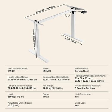 Електричний підйомний механізм для столу VEVOR з подвійним мотором, регулювання висоти 65-129 см та довжини 110-178 см, ергономічна основа для робочого місця, 3 позиції (тільки каркас), 2 мотори, білий, 70-117 см