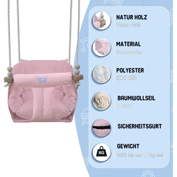 Дитяча гойдалка для дому та саду з бука, рожева. Максимальне навантаження 25 кг. Комплект кріплення