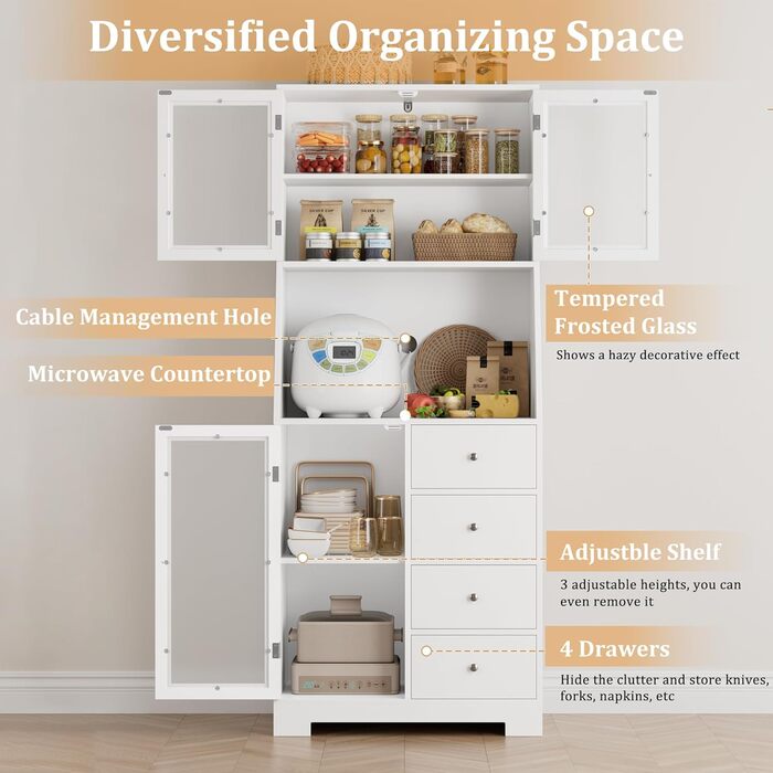Кухонна шафа HOCSOK 163 см з робочою поверхнею, буфет, шафа для зберігання продуктів, 3 дверцята та 4 висувні ящики, висока шафа для кухні, вітальні, їдальні, бару, білий колір
