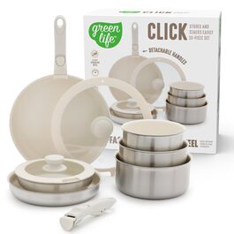 Набір кухонного посуду GreenLife 10 предметів з антипригарним покриттям, знімними ручками та функцією складання. Безпечний, не містить PFAS, підходить для індукційних плит, економія місця, сервіровочні миски.