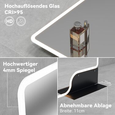 Дзеркало для ванної кімнати YOURLITE з LED-підсвічуванням 100x60 см, сенсорне керування, годинник, антизапар, 3 кольори світла, регулювання яскравості, без запотівання, функція пам'яті, білий