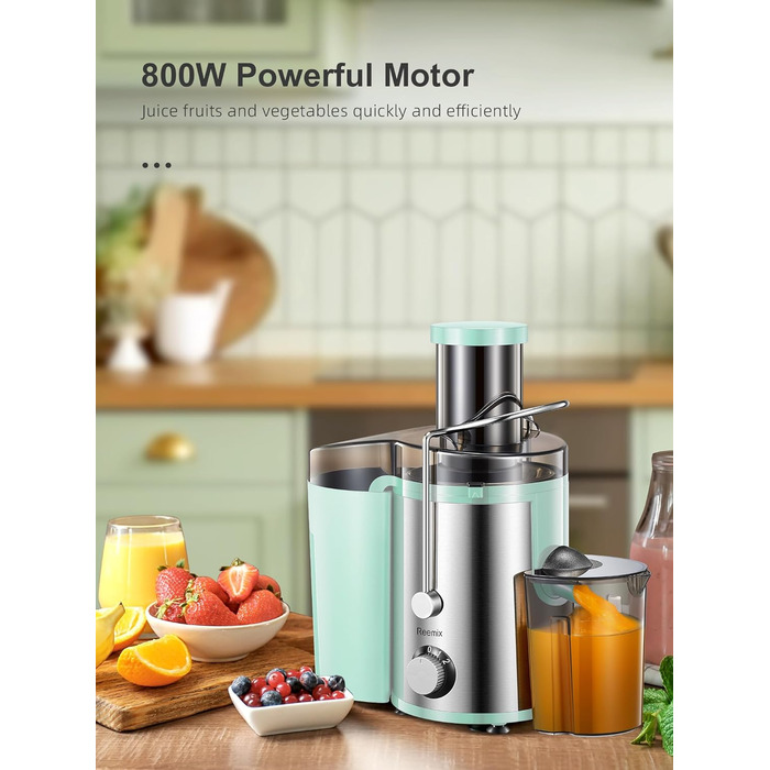 Шокер-віджимач Reemix для овочів та фруктів, професійний соковичавник з нержавіючої сталі, 800W, 3 швидкості, Aqua