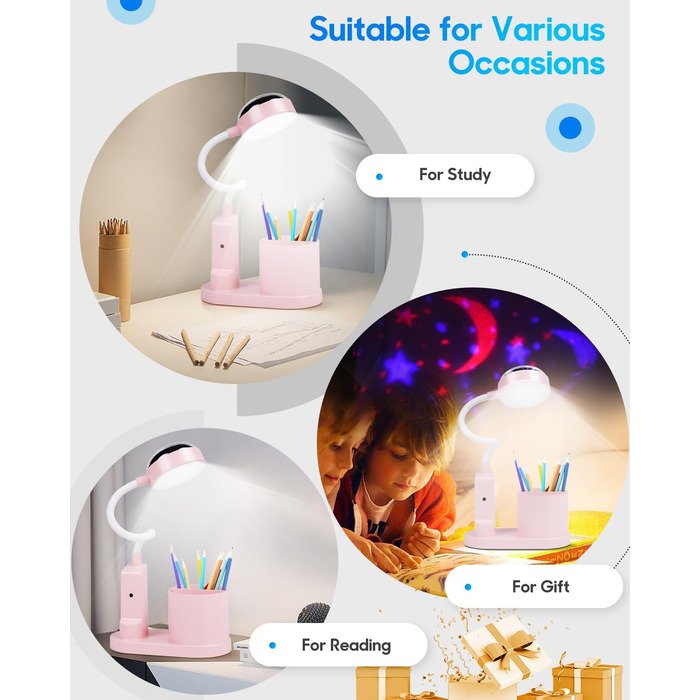 Світлодіодна настільна лампа TechKen дитяча, з можливістю затемнення, акумуляторна, гусяча шия, тримач для ручки, проекція зірки, рожевий