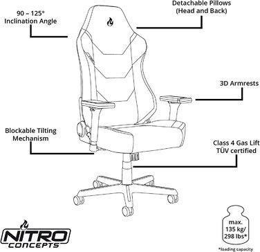 Ігрове крісло NITRO CONCEPTS X1000 - ергономічне, тканинний чохол, вантажопідйомність 135 кг, чорний/синій, XL