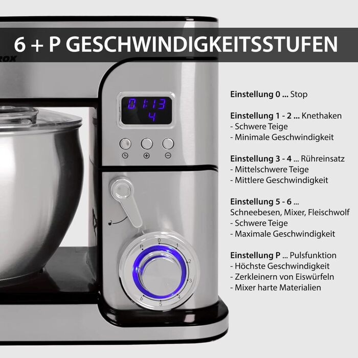 Кухонний комбайн Syntrox Germany Гарний кухонний посуд і м'ясорубка з нержавіючої сталі на 7 літрів, аксесуари для тіста та кремів, функція таймера світлодіодного дисплея (чорний)