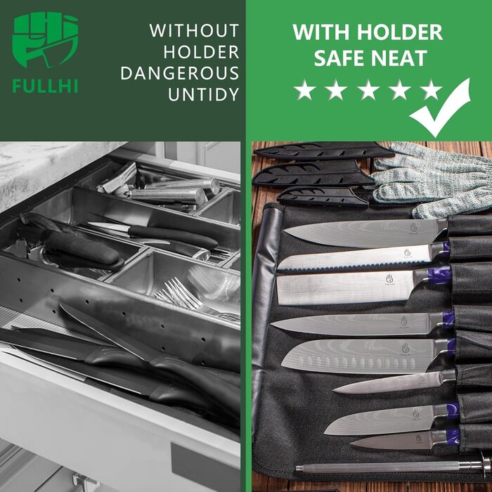 Японський набір ножів Fullhi 15 предметів з магнітним підставкою, леза з японської сталі, ергономічні ручки з фіолетового харчу, для професійної та домашньої кухні