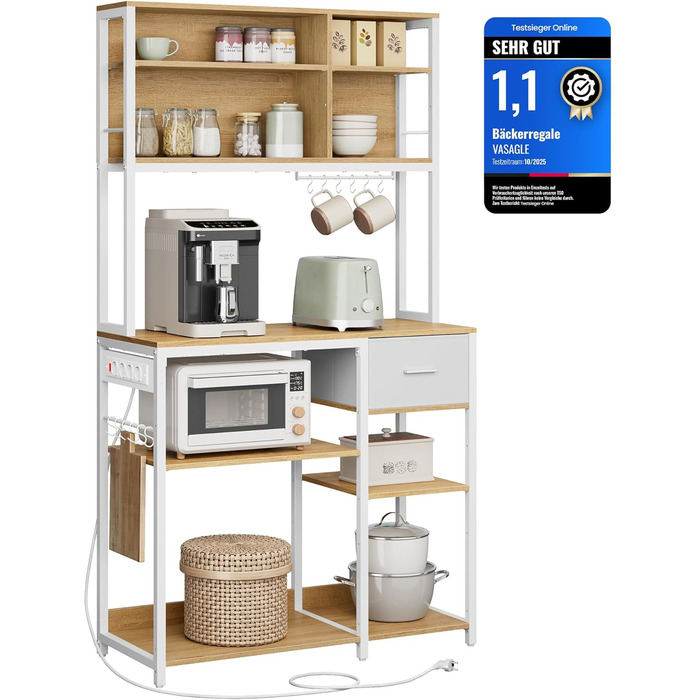 Полиця кухонна VASAGLE з розетками, підлогова, 40 x 100 x 180,4 см, полиця для випічки, регульовані полиці, тканинний ящик, 12 гачків, для кухні, антрацитово-чорний, KKS027B02