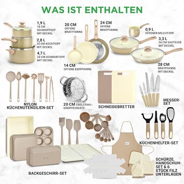 Набір посуду NutriChef 54 шт. – сковороди, каструлі, кухонні аксесуари талового кольору. З ножами, формами для випічки та аксесуарами. Підходить для індукційних, газових та електричних плит. Здорове та дієтичне приготування їжі