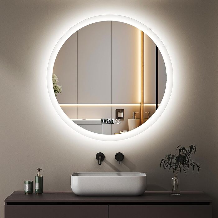Круглий дзеркало для ванної кімнати Boromal з підсвічуванням, годинником та 3 кольорами світла (60см)
