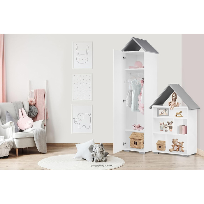 Меблі для дитячої кімнати 190,5x47,5x46см - Дитячі меблі - Шафа-купе для дитячої кімнати - Предмет меблів у формі будиночка - Етажерка для дівчаток і хлопчиків - Рожевий (сірий)