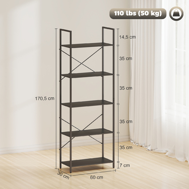 Стелаж HOMCOM з 5 полицями, підлоговий, в індустріальному стилі з металевим каркасом, відкритий для зберігання в вітальні, офісі, кабінеті, 60x30x170,5 см, чорний