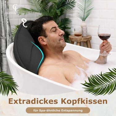 Подушка для ванни повномірна (152x56 см) з підголівником (11 см) чорного кольору – підтримка шиї, спини та ніг. Зі сумкою для прання та подорожей, гачком для сушіння.