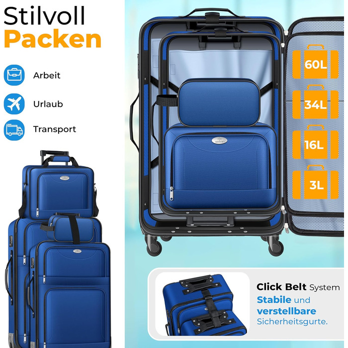 Набір валіз KESSER® 4 шт. | Чотири валізи з тканини з TSA-замком, 360° колесами та телескопічною ручкою | Косметичка, ручна валіза та великі валізи для подорожей та бізнесу (Блакитний)