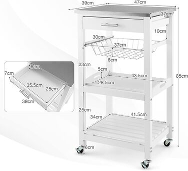 Кухонний візок COSTWAY на колесах, стільниця з нержавіючої сталі, ящик, кошик, сільський стиль, 47x39x85см