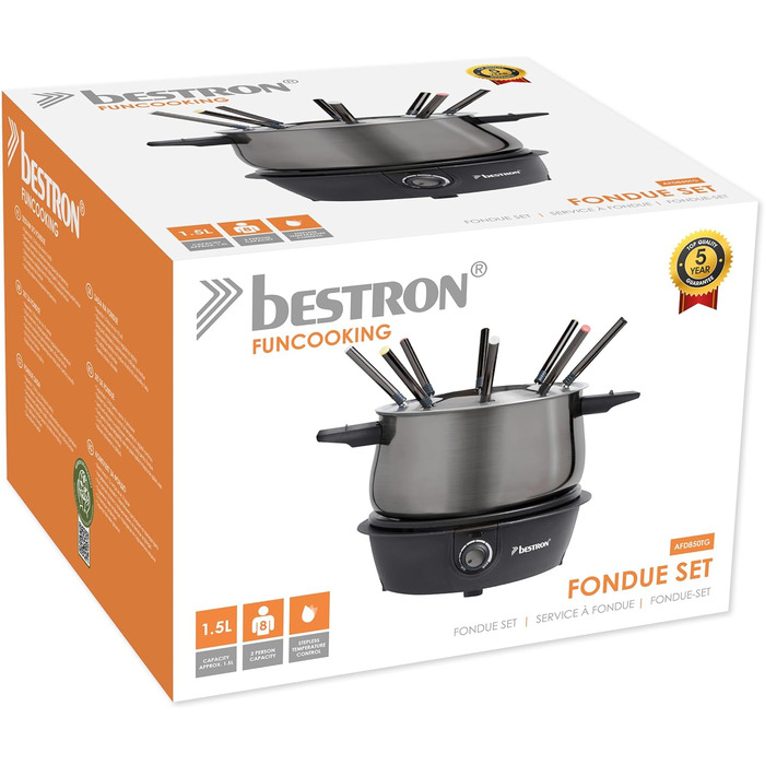 Електричний фондю-набір Bestron для 8 осіб з 8 виделок, регульований термостат та захист від бризок, сірий титан