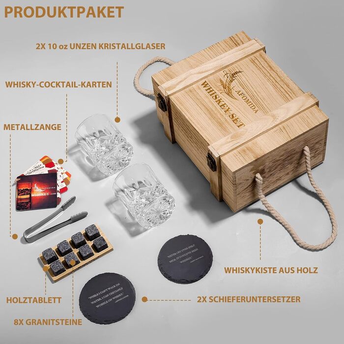 Подарунковий набір для віскі: 2 склянки 300 мл, 8 гранітних каменів для охолодження, 2 підставки, пінцет, рецепти коктейлів, дерев'яна коробка. Ідеальний подарунок чоловікові, татові на Різдво/День народження