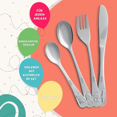 Набір дитячого столового прибору Maverton Kinderbesteck Set з гравіюванням та дерев'яною коробкою з написом - з нержавіючої сталі, з зображенням тварин, 4-х частинний, персоналізований, коричневий - подарунок на день народження, хрещення, народження - вед