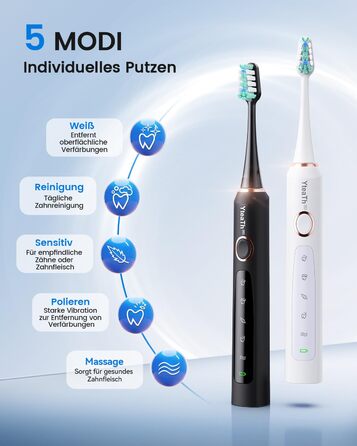 Електрична зубна щітка для дорослих та дітей - звукова, 8 насадок (3 типи), 90 днів роботи, 5 режимів, 50000 VPM, кейс для подорожей, таймер (Чорний + Білий)