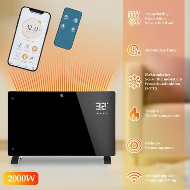 Електричний конвекторний обігрівач Ikodm 2000W з пультом керування та термостатом, енергозберігаючий, тихий, для дому