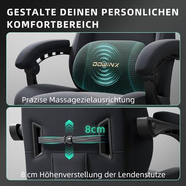 Ігрове крісло Dowinx з масажем попереку, регульованою підголівником, потовщеним сидінням, висувною підніжкою, регульованими підлокітниками, мікрофібровим велюром, нахилом 160°, темно-сіре