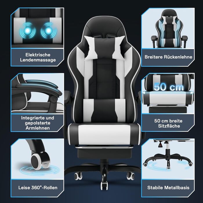 Крісло геймінгове, офісне з підніжкою, ергономічне, регулювання спинки 90-135°, вантажопідйомність 150 кг, біле