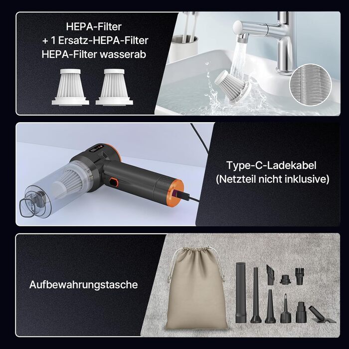 Акумуляторний ручний пилосос Piwaal 4-в-1, 22000Па, безщітковий двигун з функцією обдуву (220000 об/хв), для авто, дому, офісу та комп'ютера, чорний