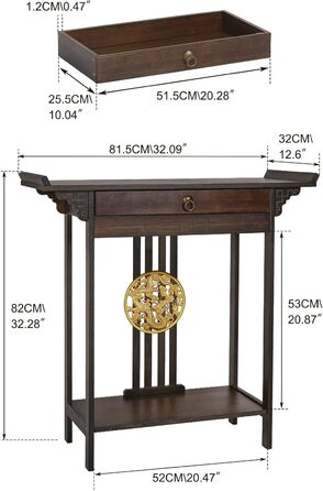 Дерев'яний консольний столик з ящиком, 2 полиці, китайський стиль, 53x29x83см (коричневий)