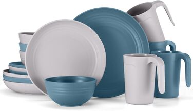 Набір посуду Odoland на 4 особи, 17 предметів: тарілки, миски, чашки (пластик, блакитний/сірий)
