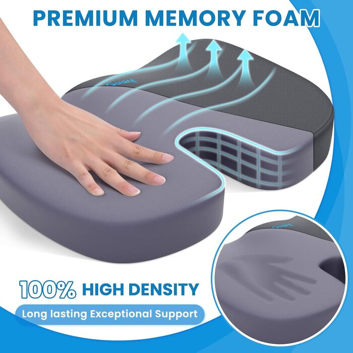Подушка для сидіння TushGuard: для офісного крісла, авто, з Memory Foam, протиковзка, сіра, велика