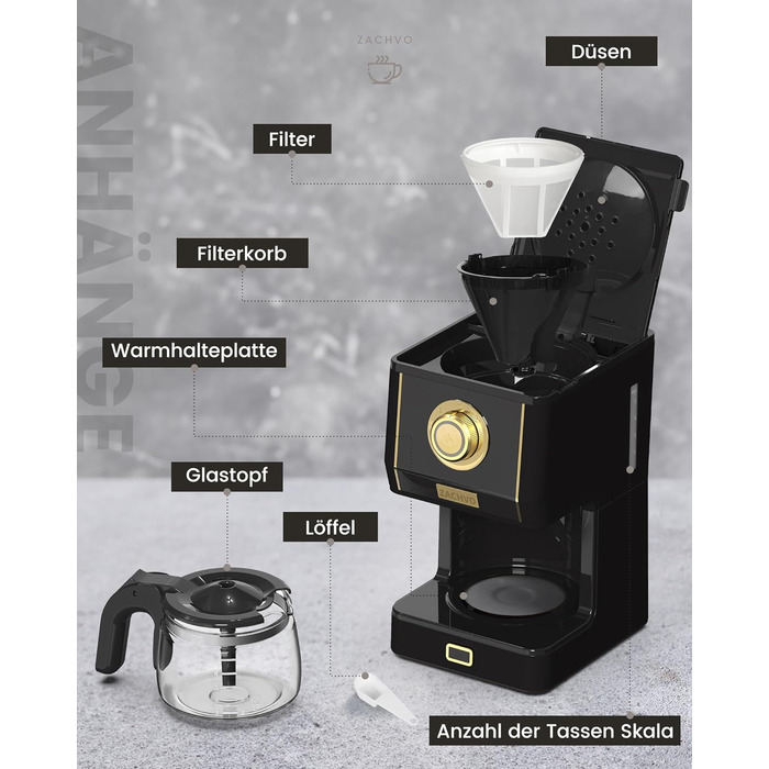 Кавоварка з фільтром ZACHVO, кавомашина 5 чашок - Кавомашина 650 мл зі скляним глечиком, знімний фільтр - крапля-стоп, автоматичне вимкнення, функція підтримки тепла 30 хвилин, 3 режими заварювання (чорний)