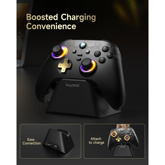 EasySMX D05 PC контролер з док-станцією: бездротовий геймпад з Хол-ефектом для ПК/Switch/Android, чорний та золотий