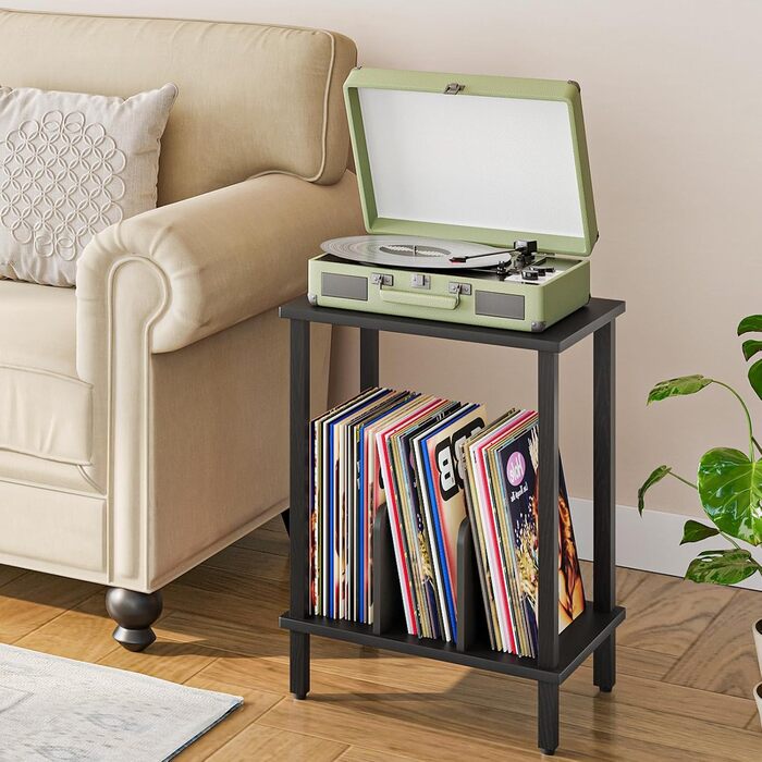 HOOBRO Стійка для програвача, полиця для платівок, приліжкова тумбочка, полиця для платівок з перегородками, органайзер для платівок, до 100 альбомів, для вітальні, чорний EBK05RS01