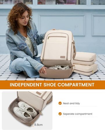 LOVEVOOK Рюкзак для ручної поклажі 40L з окремим відділенням для взуття, жіночий, великий, з вологостійким відділенням, рюкзак-валіза для подорожей (3 шт., Бежевий, Хакі)