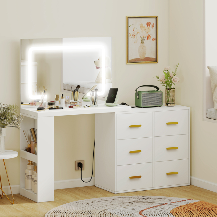 Тумбочка для макіяжу HOMCOM з регульованим LED-дзеркалом, розетками, 6 висувними ящиками, 2 відкритими полицями, біла