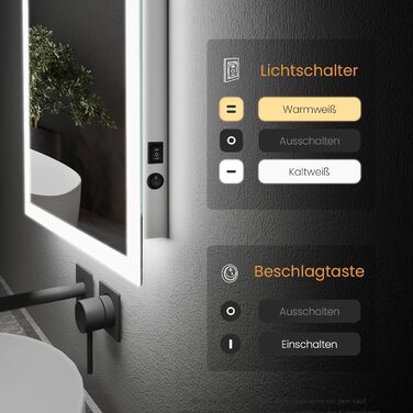 Дзеркало для ванної кімнати EMKE з підсвічуванням 120x60 см, антизапарник, кнопковий вимикач, тепле та холодне біле світло, IP44, енергозберігаюче