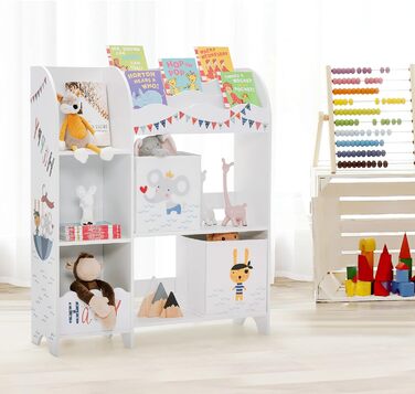 Дитяча полиця SOARS, органайзер для іграшок з 2 ящиками для зберігання, 5 відділеннями та 2 відкритими полицями, полиця для іграшок, книжкова шафа, полиця біла дитяча, спальня (Animal Pirates)