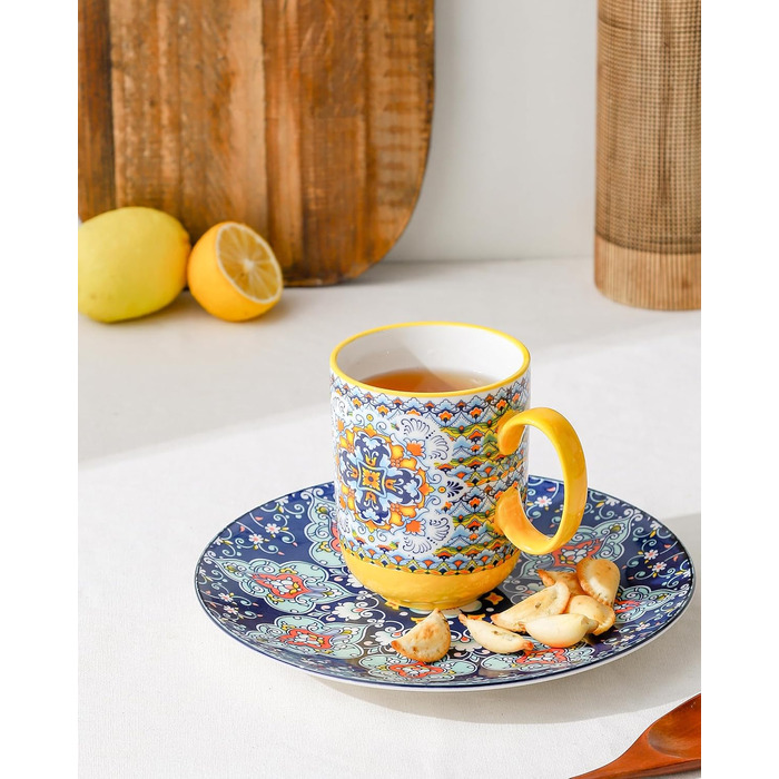 Набір чашок для капучино HENXFEN: 6 чашок з порцеляни, 600 мл, з ручкою, для кави, чаю, молока, богемний стиль